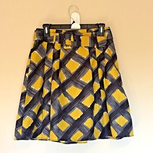 The Limited Black Yellow Geometric Pleated Belted A-Line Skirt‎ Womens Small